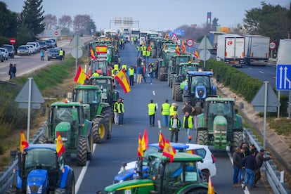 Agricultores cortan una carretera en Écija (Sevilla), este martes.