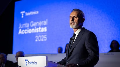 El presidente ejecutivo de Telefónica, Marc Murtra, durante la junta de accionistas, el pasado 10 de abril.
